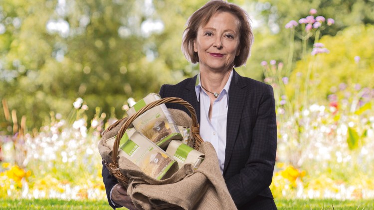 Eine Person hält einen Korb mit Bioprodukten, die in durchsichtigen Verpackungen mit grünem Label verpackt sind, vor einer Blumenwiese.