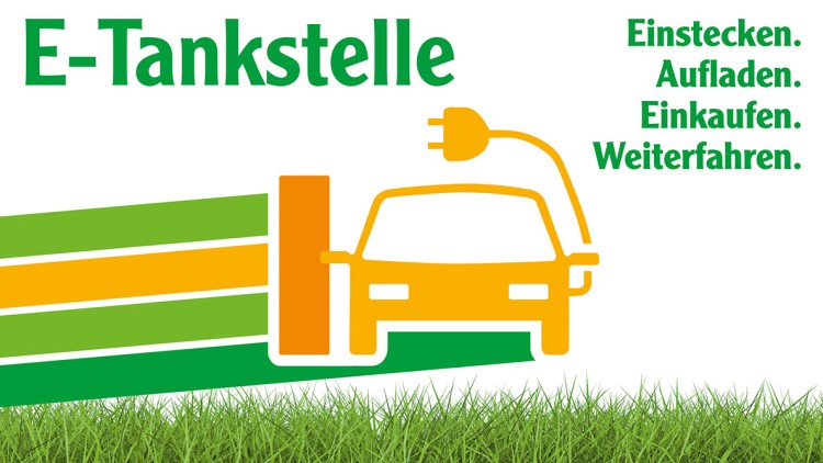 Ein stilisiertes E-Auto lädt an einer Station, Schrift: „E-Tankstelle“, „Einstecken. Aufladen. Einkaufen. Weiterfahren.“, GLOBUS-Logo.