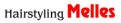 Der Schriftzug „Hairstyling Melles“, wobei „Hairstyling“ schwarz und „Melles“ rot in fetter Schrift auf weißem Hintergrund ist.
