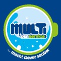 Das Logo zeigt eine blaue Seifenblase mit weißem Text „MULT clean service“, darunter steht in Weiß „… macht clever sauber“.