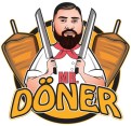 Logo mit Text „MR. DÖNER“, zwei Döner-Spieße, zwei Messer, Koch in weißer Kleidung mit rotem Halstuch.