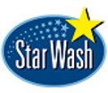 Ovales Logo mit blauem Hintergrund, weißem Schriftzug StarWash, gelbem Stern und weißen Punkten in Sternform.