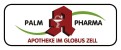 Rotes Apotheken-A mit einer weißen Schale und Schlange, Text „Palm Pharma Apotheke im GLOBUS Zell“ mit grünen Bögen.