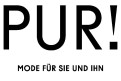 Schwarzer Schriftzug „PUR!“ mit dem Slogan „MODE FÜR SIE UND IHN“ auf weißem Hintergrund.