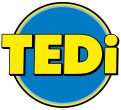 Gelbes TEDi-Logo in gelber Schrift mit schwarzer Umrandung vor einem blauen Kreis mit dünnem gelbem und weißem Rand.