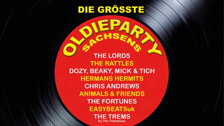 Eine schwarze Schallplatte mit rotem Label, darauf gelber Text „DIE GRÖSSTE OLDIEPARTY SACHSENS“ und Bandnamen in Gelb und Weiß.