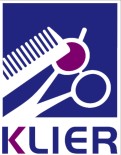 Blau-weißes Logo mit Kamm und Schere als Symbolen, darunter steht in Großbuchstaben der Name KLİER in blau und lila.