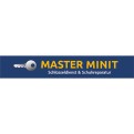 Blaues Logo mit gelbem Schriftzug MASTER MINIT, darunter in Weiß „Schlüsseldienst & Schuhreparatur“, links ein Schlüssel-Symbol.