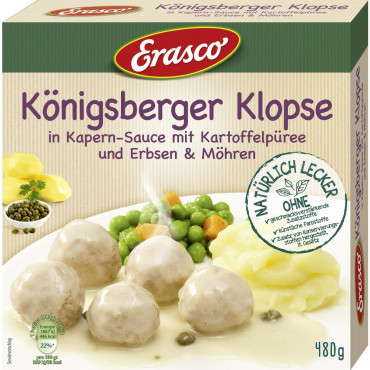 Königsberger Klopse in Kapern-Sauce mit Kartoffelpüree, Erbsen & Möhren