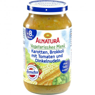 Bio Babynahrung Menü, Karotte/Brokkoli/Tomaten mit Dinkelnudeln