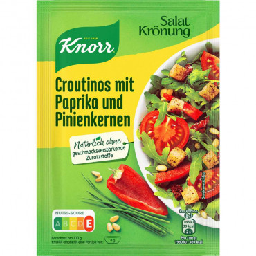 Salat Krönung, Croutinos mit Paprika & Pinienkernen