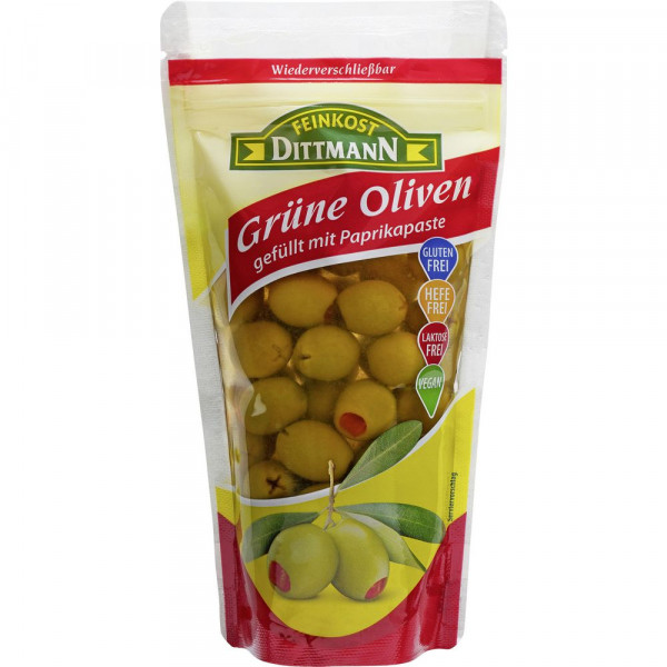 grüne Oliven mit Paprika-Paste gefüllt