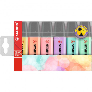 Textmarker BOSS ORIGINAL Pastel, 6er Pack, Gelb, Pfirsichfarbe, Rouge, Lila, Minzgrün, Türkis