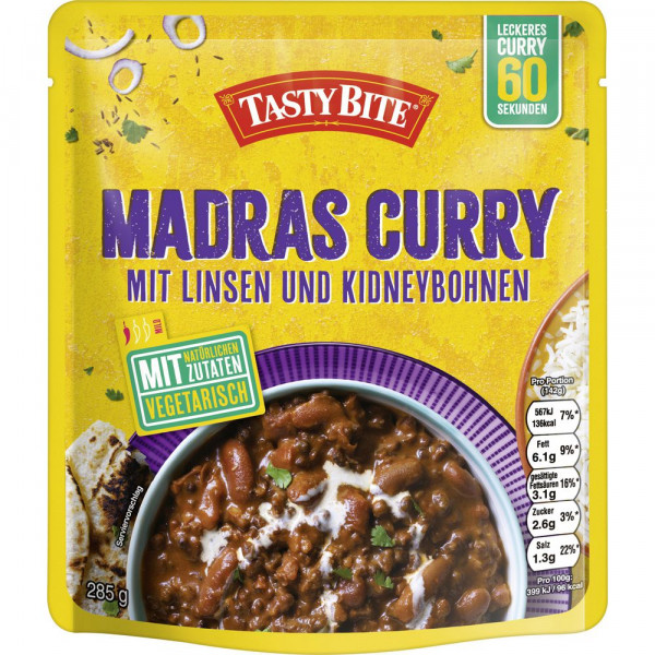 Fertiggericht Madras Curry, mit Linsen und Kidneybohnen