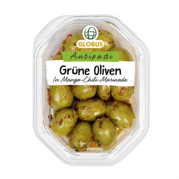 Grüne Oliven in Mango-Chili-Marinade
